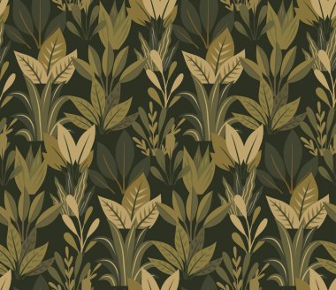 Koyu arkaplanda düz el çalıları olan vektör yüzey tasarımı. Bitkilerde pürüzsüz desen. Kumaşlar, duvar kağıtları ve ambalaj kağıtları için çeşitli yaprak ve yapraklara sahip doku