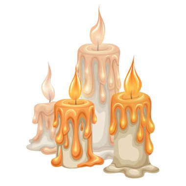 Beyaz arkaplanda festival mumu bileşiminin vektör çizimi. Spa ve aromaterapi. Dini mumlar. Tatil dekorasyonları.