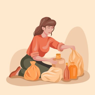 Plastik çöpleri sıcak renklerde sıralayan bir kadının vektör çizimi. Sıfır atık ve geri dönüşüm temasının düz çizimi. Ekolojik yaşam tarzı