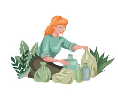 Plastik çöpleri yapraklarla ayıran kadın klipsi sanatı. Ekolojik yaşam tarzı. Sıfır atık ve geri dönüşümün düz çizimi. Doğal Alışkanlıklar
