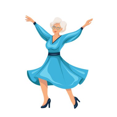 Arka plandan izole edilmiş mavi elbiseli mutlu, yaşlı bir kadının klipsi. Aktif yaşlanma. Elbise içinde dans eden neşeli yaşlı kadın. Profesyonel yaş