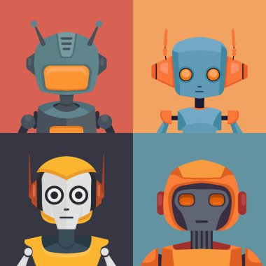 Çeşitli robotların portrelerinin vektör seti. Android maskot kartları koleksiyonu. Simge ve tasarımınız için çocuksu sayborg oyuncaklarının düz çizimleri