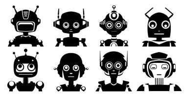 Arka plandan izole edilmiş çeşitli robotların monokrom portreleri. Siyah siluet android koleksiyonu. Simge ve tasarımınız için çocuksu sayborg oyuncakları çizimleri