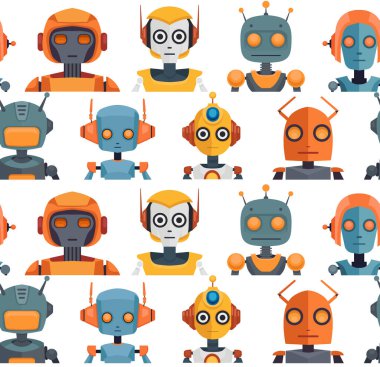 Beyaz arka planda çizgi film robotları olan neşeli bir çocuk modeli. Çocuksu teknoloji yüzey tasarımı. Kumaşlar, ambalaj kağıtları ve duvar kağıtları için çeşitli sayborg oyuncakları olan düz doku..
