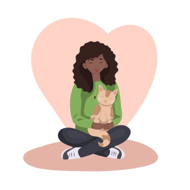 Düz bir kalp geçmişi olan Afrikalı gönüllü bir kızın klişe çizimi. Evsiz hayvanların evlat edinilmesi ve kurtarılması. Veteriner hekimliği ve yardımı