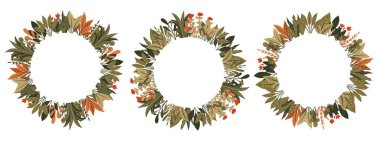 Yapraklardan, çalılardan ve metin için mekândan oluşan yuvarlak vektör çerçeveleri kümesi. Arka plandan izole edilmiş doğal yaprak çelengi. Davetiyeler, kartlar ve afişler için çerçeve