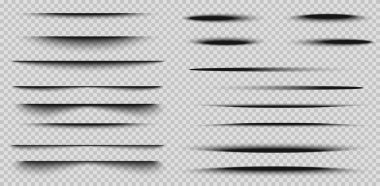 Karanlık vektör seti, şeffaf yatay gölgeler. Poster, afiş, el ilanı, kart, gölge koleksiyonu. Tasarımınız için izole edilmiş şeffaf bir arkaplanda gerçekçi tasarım unsurları.