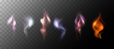 Şeffaf bir arkaplanda çok renkli sigara seti. Arka plandan izole edilmiş sis ve farklı renklerdeki sis yığınları. Tasarım projeleriniz için büyülü cadı efektleri