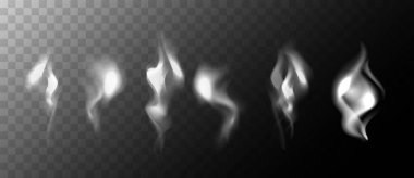 Tek renkli vektör seti koyu bir arka planda sigara içiyor. Arka plandan izole edilmiş sis ve sis yığınları. Tasarım projeleriniz için büyülü cadı efektleri