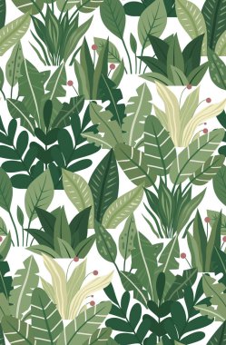 Beyaz arkaplanda vektör düz yeşillik dokusu. Kumaş, duvar kağıdı ve ambalaj kağıdı için bitki ve çalılarla yüzey tasarımı
