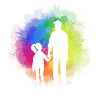 Gökkuşağı suluboya arka planda okula yürüyen baba ve küçük kızın vektör beyaz silueti. Sanat okuluna geri dön. Eğitimde aile ve ebeveyn desteği.