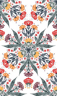 Beyaz arka planda çiçek mandala desenli kusursuz iz sürücü. Halk sanatı gösterişli bir süs. Dekoratif desen kumaş için çiçek desenleri, ambalaj kağıdı