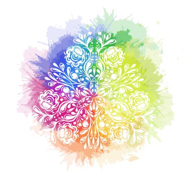 Gökkuşağı suluboya üzerindeki çiçek mandalasının vektör desenli çizimi. Beyaz süslü çiçek çemberi sanatı davetiyeler, kartlar ve çıkartmalar için yapraklarla süslenmiş.