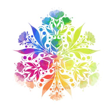 Çiçeksel gökkuşağı suluboya mandala ve boya lekeleri. Renkli süsleme çemberi, davetiyeler, kartlar ve çıkartmalar için yapraklar ve çiçek açan çiçeklerle süslenir.