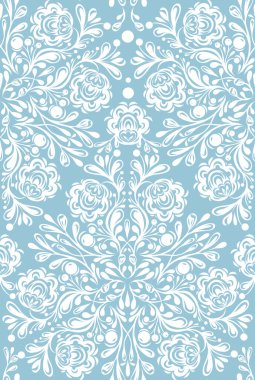 Mavi zemin üzerinde beyaz süslemeli dantelli vektör süslemesiz desen. Kumaşlar ve ambalaj kağıtları için narin çiçek süslerinin yüzey tasarımı