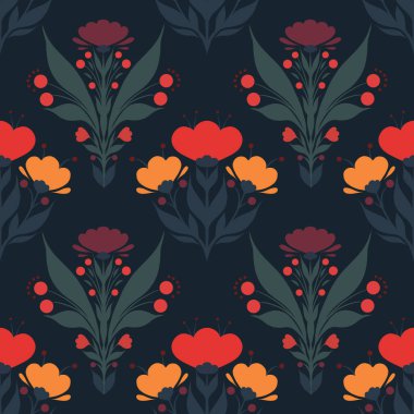 Vektör dekoratif çiçeksiz desen. Koyu arkaplanda çiçek buketleri olan geometrik yüzey tasarımı. Kumaş ve duvar kağıtları için basit bir çiçek süsü..