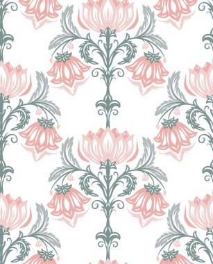 Pastel renklerle süslü çiçek deseni. Rokoko eski moda. Pembe filigran çiçekleriyle dövülmüş Viktorya dönemi dokusu. Perdeler, perdeler ve masa örtüleri için hassas iz sürme yüzey tasarımı