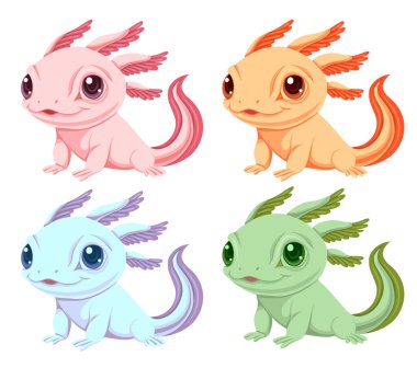 Şirin renkli axolotls vektör kümesi arkaplandan izole çizgi film tarzında tırmanıyor. Çıkartmalar ve oyunlar için güzel bir amfibi tasviri.