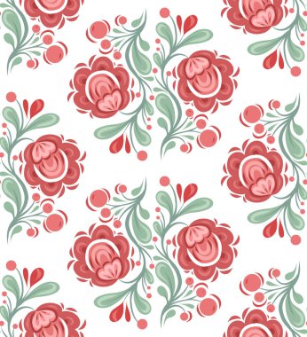 Kırmızı çiçekli dekoratif Slav deseni. Çiçekli tekstil. Kumaşlar, masa örtüleri ve perdeler için gelincikler ve yapraklarla ulusal yüzey tasarımı