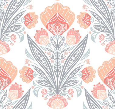 Beyaz arka planda zarif renklerde vektör dekoratif halk sanatı deseni. Duvar kâğıdı, kumaş, çiçek desenli, pembe gelincikli ve yaprak buketli çiçek desenli.