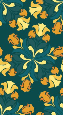 Vektör dekoratif sanat nouveau dikişsiz desen yeşil arka planda süsenli mandalalar ve frezyalar. Kumaş ve duvar kağıtları için çiçek deseni. Sarı çiçekli süs dokusu