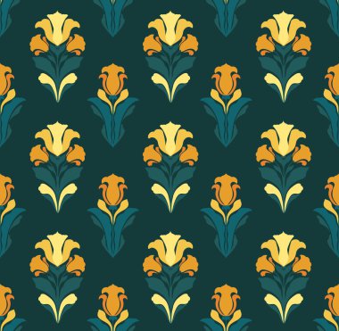 Yeşil arka planda süsen ve frezya desenli yeni model vektör sanat. Sarı çiçek desenli siluetler. Duvar kağıtları, kumaşlar ve ambalaj kağıtları için çiçek yüzeyi tasarımı