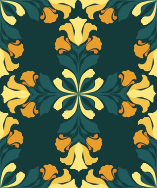 Yeşil arka planda süsenli mandalalar ve frezya desenli vektör süslemesiz desen. Kumaş ve duvar kağıtları için çiçek deseni. Fayanslarda açan sarı çiçekli süs dokusu