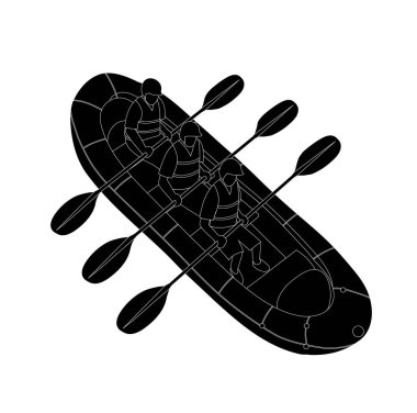 Rafting üst görünüm vektör siyah silueti arkaplandan izole. Aktif spor yaşam tarzının tek renkli klip sanatı. Simge ve tasarımınız için yaz suyu sporu hobisi