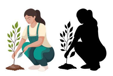 Arka plandan izole edilmiş bir ağaç diken bir grup kadın. Düz stil ve siyah siluet şeklinde illüstrasyon koleksiyonu. Çevresel koruma. Gönüllü olmak ve muhafaza etmek. Boş zamanların dışında.