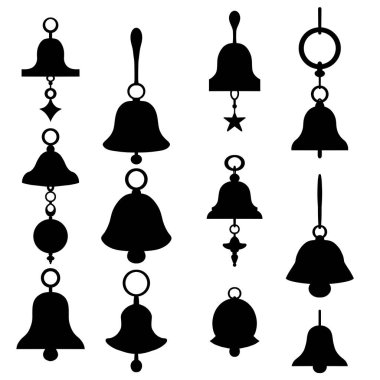 Arka planda izole edilmiş siyah Noel çanları siluetleri. Simgeler için Noel süslemeleri koleksiyonu. Şenlik çanları sanat klipleri