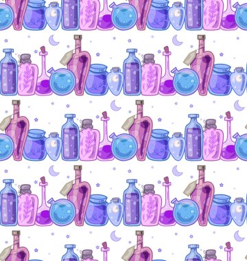 Sihirli iksirlerle, yıldızlarla ve beyaz arka planda hilal ile kusursuz desen. Zehirli karikatür dokusu, iksir ve duvar kağıdı ve kumaş için cam şişelerdeki renkli sıvılar..