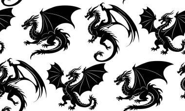 Siyah ejderha silueti olan kusursuz bir masal. Beyaz arka planda Wyvernlerin gölgesi olan doku. Mitolojik canavarlarla dolu duvar kağıdı. Çin burcuyla arka plan.