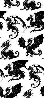 Eğer ejderhalar varsa siyah silueti olan kusursuz bir şekil. Beyaz arka planda Wyvernlerin gölgesi olan doku. Mitolojik peri masalı canavarlarıyla dolu bir geçmiş. Duvar kağıdı Çin burcu.