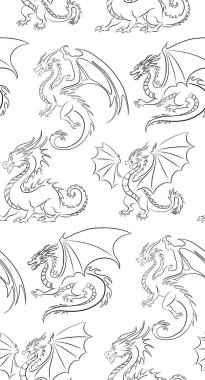 Ejderhaların hatlarıyla kusursuz bir şekil. Beyaz arka planda kanatları olan siyah çizgili ejderha dokusu. Mitolojik peri masalı canavarlarıyla dolu bir geçmiş. Duvar kâğıdı Çin burcu.
