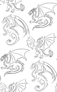 Ejderhaların hatlarıyla kusursuz bir şekil. Beyaz arka planda kanatları olan siyah çizgili ejderha dokusu. Mitolojik peri masalı canavarlarıyla dolu bir geçmiş. Ortaçağ duvar kağıdı