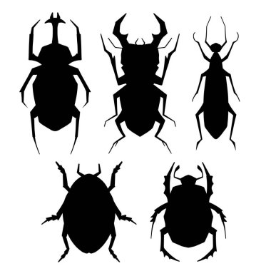 Arka plandan izole edilmiş çeşitli böceklerden oluşan siyah siluetler. Böceklerin gölgelerinin, uçan karıncaların, ikonlar için Stug Beetles 'in entomolojik koleksiyonu