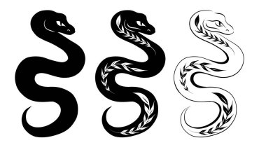 Vektör monokrom yılan seti. Arkaplandan izole edilmiş bitki desenli siyah çizgi ve siluet yılan koleksiyonu. Simgeler, logolar için Çin Yeni Yılı Sembolü