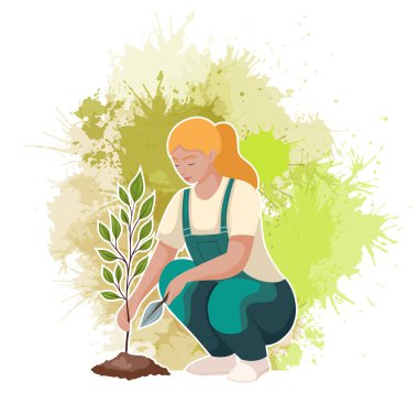 Yeşil suluboya lekeleri eken kadının vektör çizimi. Çevresel koruma. Kadın gönüllü yeşillik yetiştiriyor. Pankart ve pankart için illüstrasyon