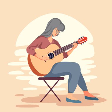 Gün batımında sıcak renklerde gitar çalan yaşlı bir kadının vektör düz çizimi. Hobiler ve emeklilikte keyifli zaman geçirme. Emekli müzisyen olarak çalışıyor..