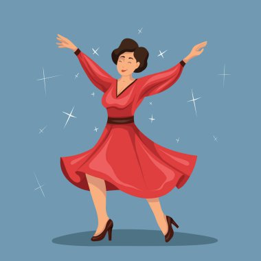 Kırmızı elbiseli mutlu dans eden kadının temsilcisi. Profesyonel dansçı. Etkin yaşam biçimi