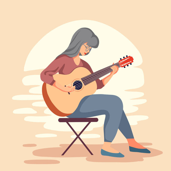 Vector flat illustration of a old woman playing the guitar at sunset in warm colors. Hobbies and pleasant pastime on retired. Pensioner work as a musician.