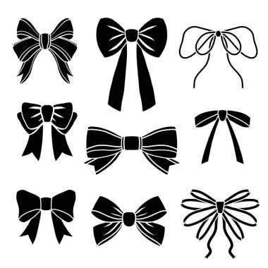 Eldeki kurdelelerden oluşan siyah siluet vektör kümesi arkaplandan izole edilmiş karalama biçimi. Davetiyeler ve kartlar için tek renkli fiyonk koleksiyonu