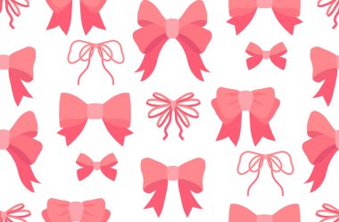 Pembe fiyonklu kusursuz vektör deseni beyaz arka planda düz bir şekilde. Yumuşak ve narin kız dokusu. Zarif tekstil arka planlar için mükemmel, hediye paketi, ambalaj kağıdı