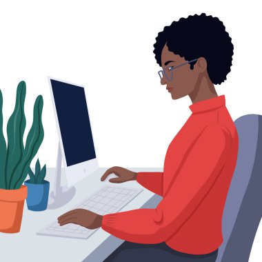 Vector klipsi sanat illüstrasyonu. Modern düz stil bilgisayar eğitimi alan siyahi kadın. Afrikalı Amerikalı kadın programcı. Serbest çalışan adam uzaktan çalışıyor.