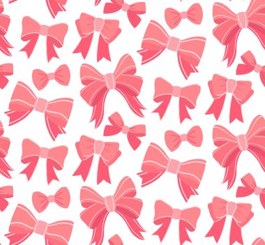 Beyaz arka planda pembe kurdeleli kusursuz vektör deseni. Sevgililer Günü yumuşak ve narin kız dokusu. Geçmişleri için dişi tekstil, hediye paketi, ambalaj kağıdı.