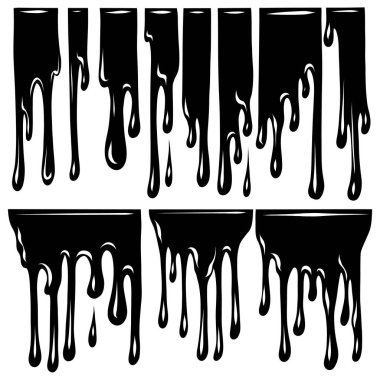 Arka planda izole edilmiş siyah boya damlaları. Erimiş mürekkep. Monokrom siluet koleksiyonu pankart ve rozetler için sıvı boya dökün.