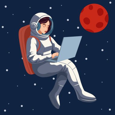 Yıldızlı ve kızıl gezegenli dizüstü bilgisayarı olan bir kadın astronot. Uzaydaki uzay kadınının vektör çizimi. Serbest bir iş. Pankartlar için düz illüstrasyon