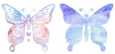 Suluboya kelebeklerinden oluşan bir siluet kümesi. Dekoratif mavi iz sürücü böcek koleksiyonu. Etiketler ve afişler için çiçek süsü.
