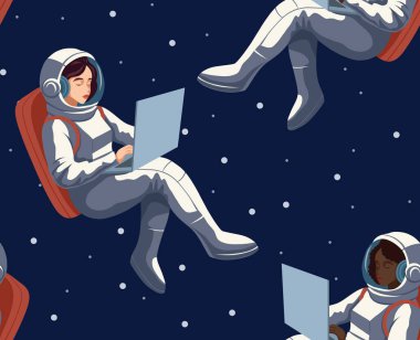 Dizüstü bilgisayarı olan Afrikalı ve Avrupalı kadın astronotlarda vektör kusursuz desen. Uzaydaki uzay kadınlarının dokusu. Serbest bir iş. Uzaya seyahat et
