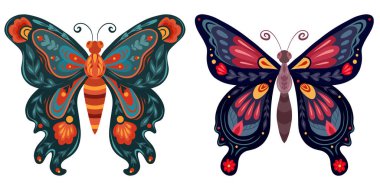 Folk sanatı tarzında izci kelebekleri. Kartpostallar ve çıkartmalar için çiçek süsleri olan uçan böceklerin dekoratif çizimleri.